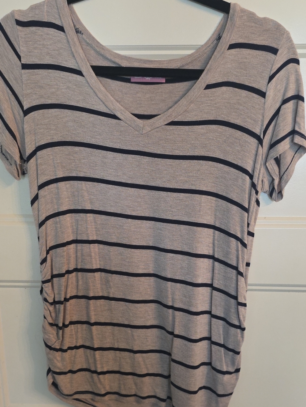 Striped V-Neck Short Sleeve Top - Gray with Black Stripes